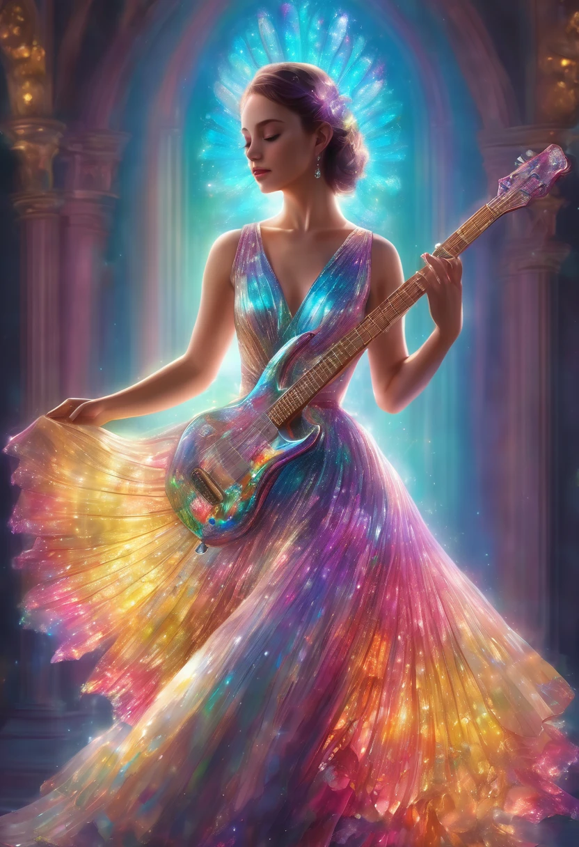 drawing of a girl in a beautiful iridescent elegant dress holding a decorative translucent glass guitar, exquisitely, artistic touch and emitting captivating and colorful rays of light., 3D rendering