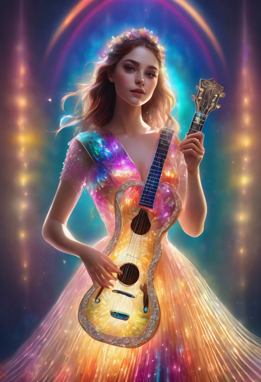 drawing of a girl in a beautiful iridescent elegant dress holding a decorative translucent glass guitar, exquisitely, artistic touch and emitting captivating and colorful rays of light., 3D rendering