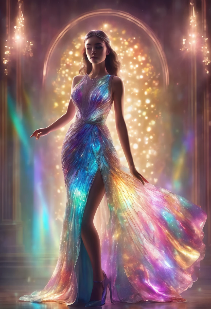 drawing of a girl in a beautiful iridescent elegant dress holding a decorative translucent glass guitar, exquisitely, artistic touch and emitting captivating and colorful rays of light., 3D rendering