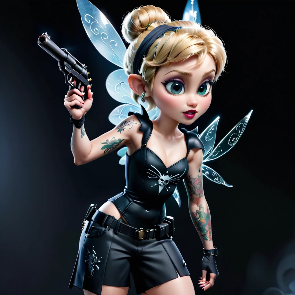 evil Tinkerbell with tattoos and a gun. wears SWAT clothing