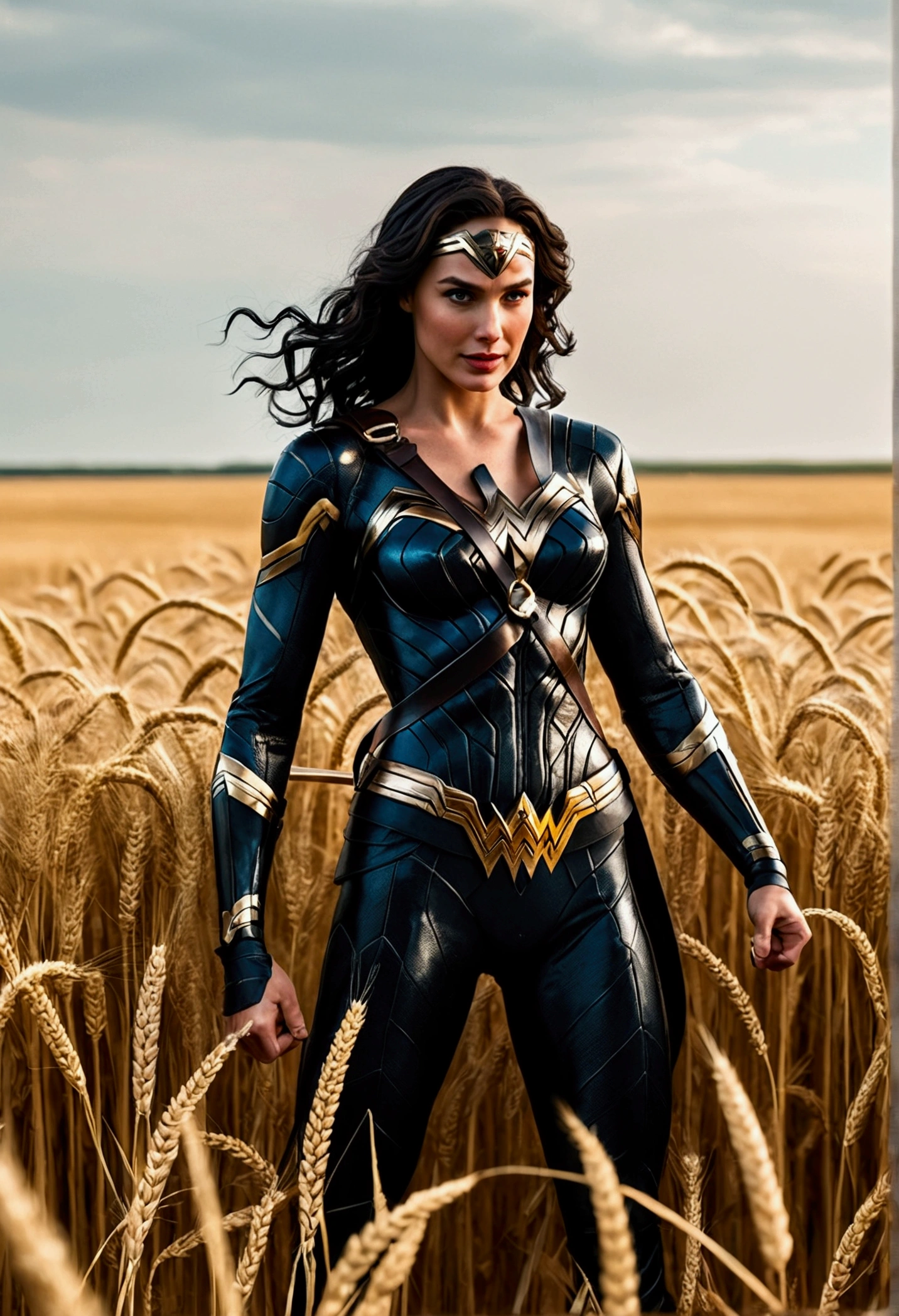 Wonder Woman standing in a wheat field, dressed in her characteristic suit that highlights her athletic and powerful figure. His posture is firm and confident, with one hand on his hip and the other holding his lasso of truth. Behind her, the character Venom hugs her, with his arms wrapping around her protectively but also possessively.. Venom, with his imposing and muscular figure, stands out with his shiny black suit and distinctive sharp-toothed smile. Diana's expression is serene but alert., while Venom shows a mix of intensity and defiance. The golden wheat field spreads around him, illuminated by the warm light of the evening, that enhances the silhouette and details of both characters.