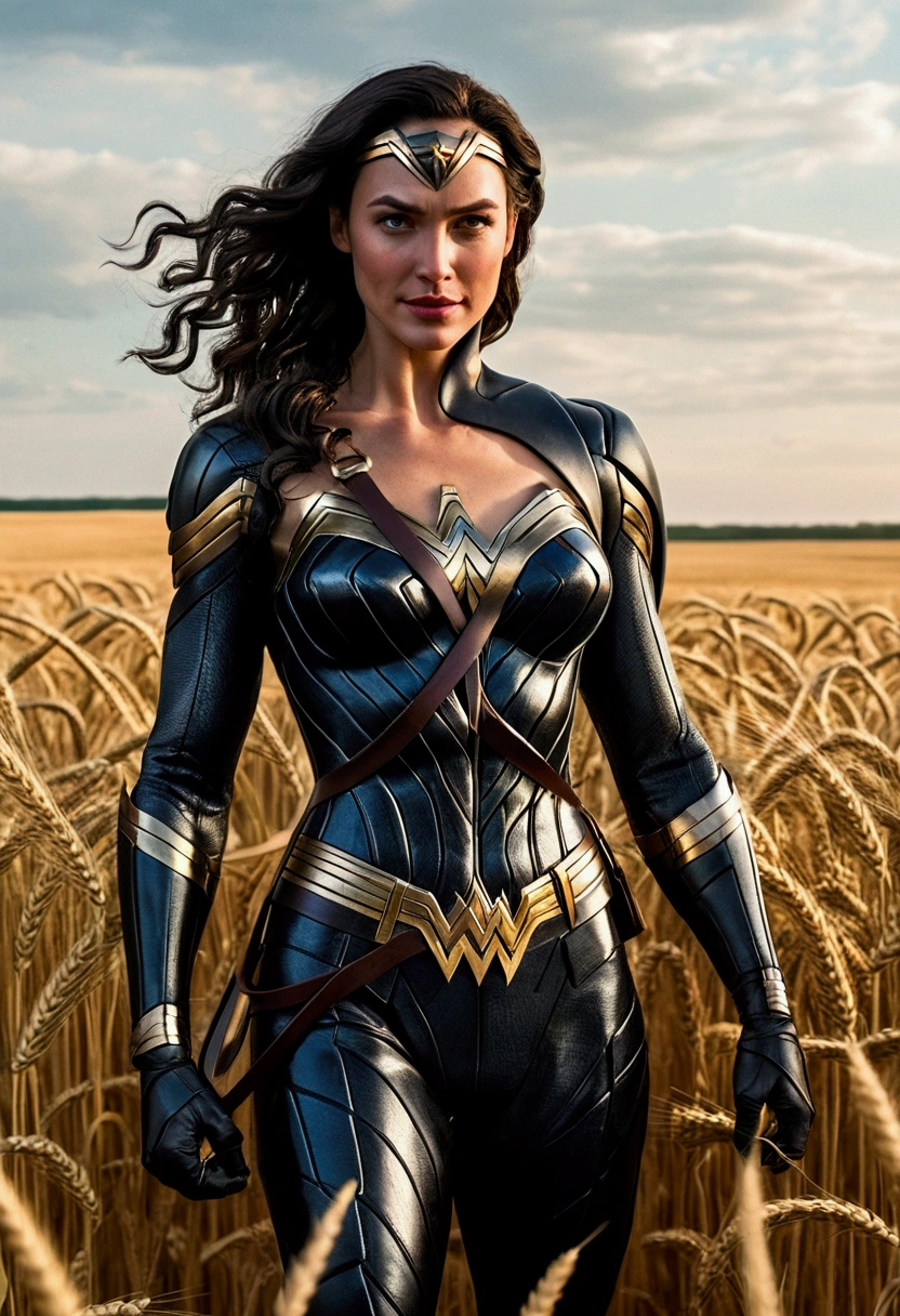 Wonder Woman standing in a wheat field, dressed in her characteristic suit that highlights her athletic and powerful figure. His posture is firm and confident, with one hand on his hip and the other holding his lasso of truth. Behind her, the character Venom hugs her, with his arms wrapping around her protectively but also possessively.. Venom, with his imposing and muscular figure, stands out with his shiny black suit and distinctive sharp-toothed smile. Diana's expression is serene but alert., while Venom shows a mix of intensity and defiance. The golden wheat field spreads around him, illuminated by the warm light of the evening, that enhances the silhouette and details of both characters.