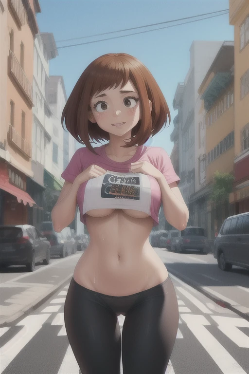 Photo of a coffee shop, wet street, buildings, busy street, cycle, garbage, Nostalgia, ultra quality, hyper detailed, Ochako Uraraka with a black thong and a T-shirt cut to the middle of her chest, breasts exposed up to half, hyper breasts