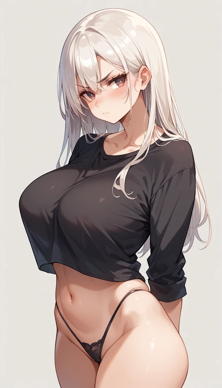 1 girl, big breasts, SERIOUS LOOK, blush on the cheeks, He is wearing a black shirt with white letters that say "dense", and a thong, pose sensual, low light background