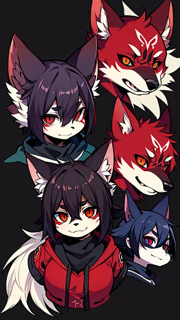 collage style,dark、Depression,Full of weird elements,Red wolf furry,black sclera,The whites of the eyes are black,painting