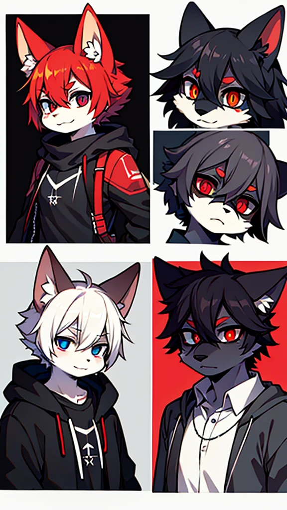 collage style,dark、Depression,Full of weird elements,Red wolf furry,black sclera,The whites of the eyes are black,painting