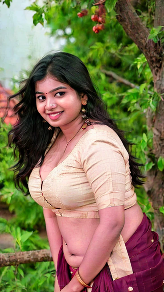 Indian woman masterpiece, best quality, ultra-detailed, (warm hue, warm tone: 1.2), wearing hook blouse
, 20 years old, (chubby cheeks:1.1), (curvy body:1.2), (bindi), An Indian beauty, charismatic, light Indian- skin, view the viewer, naughty smile, Indian village,big chest fat Chubby front doggy down big  Cleavage Village light, side lighting, ultra high resolution, best shadow, RAW, seductive look, 4k