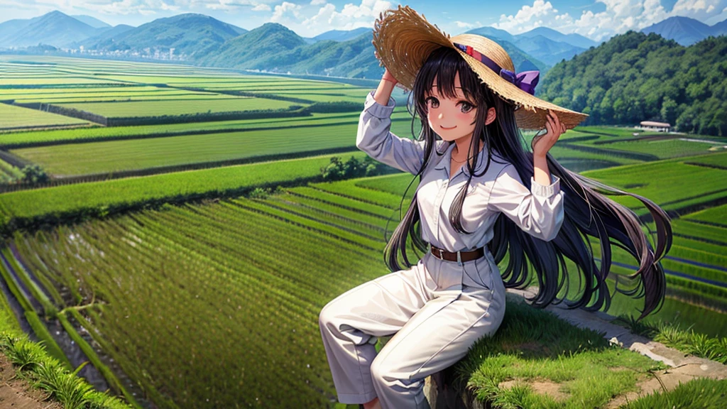 View from the summit,Small seedlings growing in rice paddies,Rice cultivation,Rice transplanter,Poor quality work clothes,Long sleeves and trousers,Ai Fukuhara,Purple long hair,Large Breasts,最高のsmile,smile,Straw hat