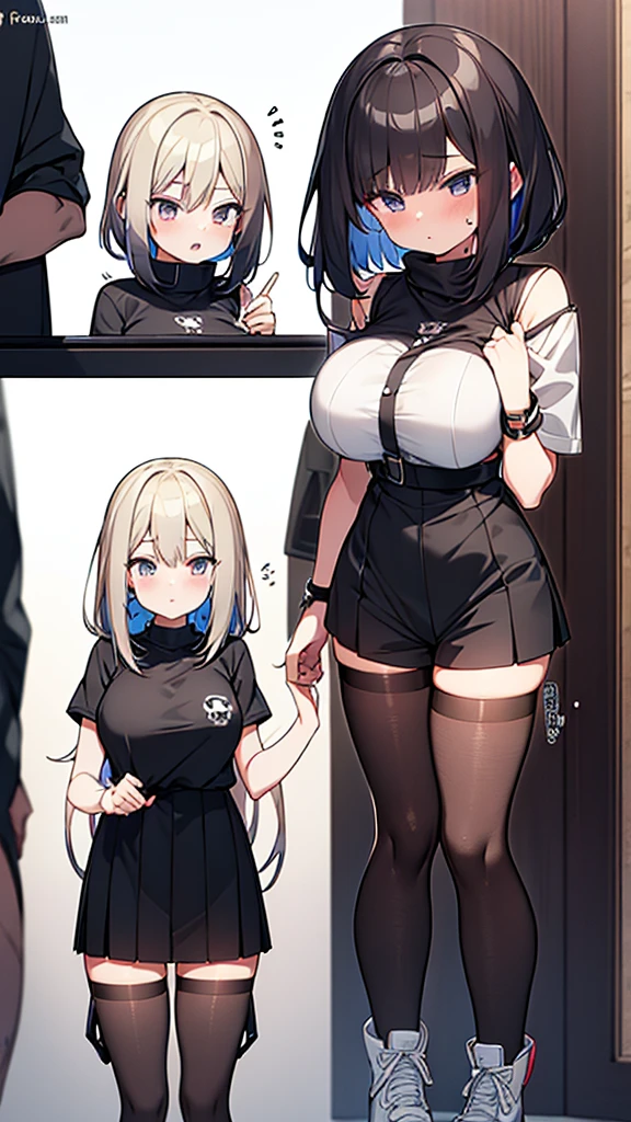 Full body image, front, One girl, 18-year-old, Mix 4, (32K, RAW Photos, Highest quality, masterpiece:1.2), (Anime-like, photoAnime-like:1.37), cute, Short sleeve T-shirt,Shorts,Black knee socks, night, rain, Humidity, Professional Lighting, Photon Mapping, Radio City, Physically Based Rendering, Super Resolution, (Big Breasts:1.2), {{The biological weapon that had preyed on the younger sister took her place and reunited with the older brother, The rebellious little sister has become the obedient little sister}}, Girl Skull, whole body, NSFW