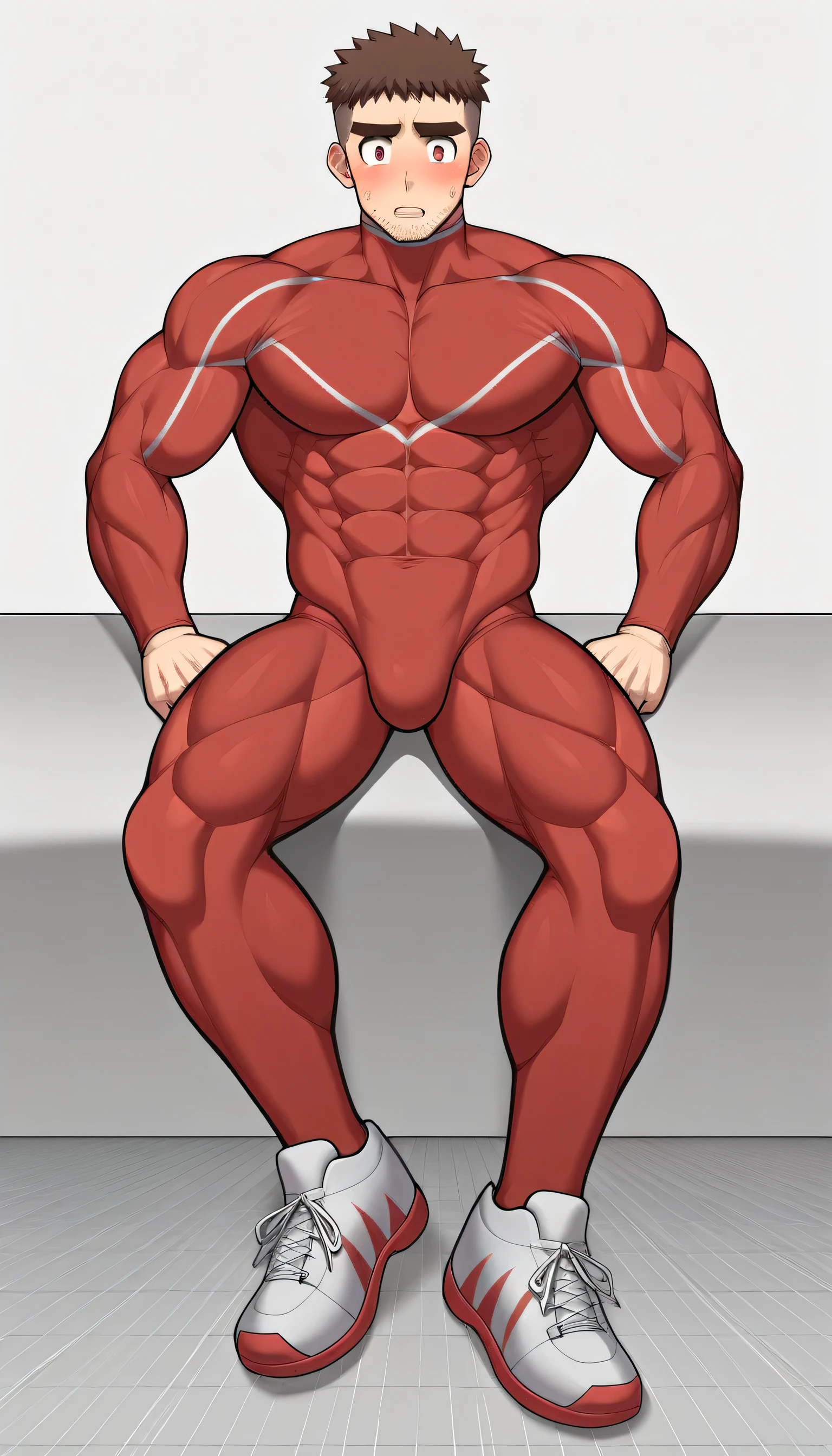 Priapus, Muscle Sports Student, Manliness, male focus, Compression bodysuit, Red black high collar long sleeve tight diving suit, Very tight, Regular symmetrical pattern, full and perky chest muscles, muscular male, Strong leg muscles, tall, Big feet wearing sneakers, In a dirty bedroom, Sitting on a dirty soft sofa, muscular, only, Upper body, alone, Red short hair, Thick eyebrows, stubble, Brown-red pupils, White background, simple background, amazing quality, best aesthetics, Ridiculous, crew cut, parted lips, flustered, endured face, shy, blush, negative space, negative space, best quality