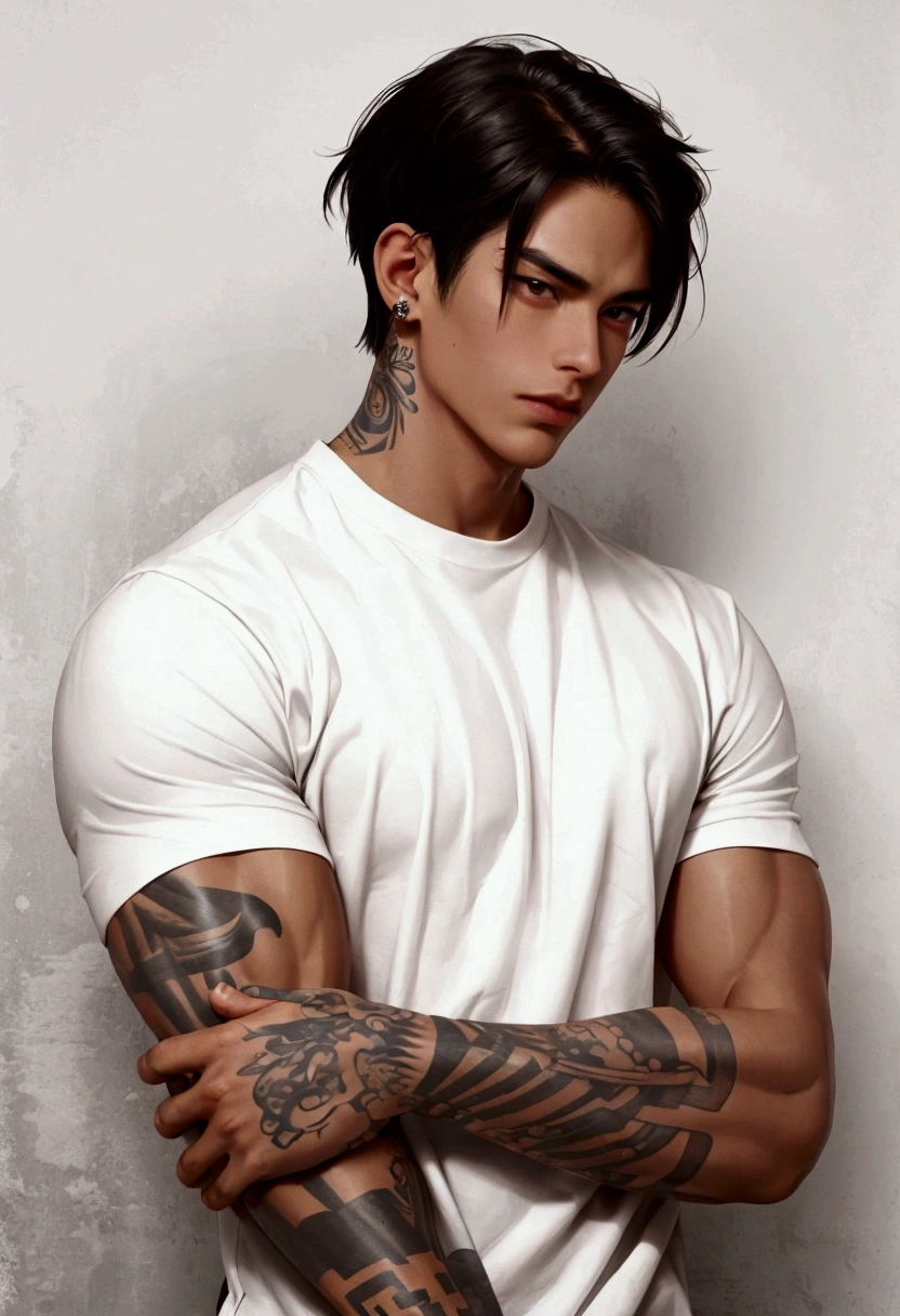 A man with tan skin, tattoos in his arms, white shirt 