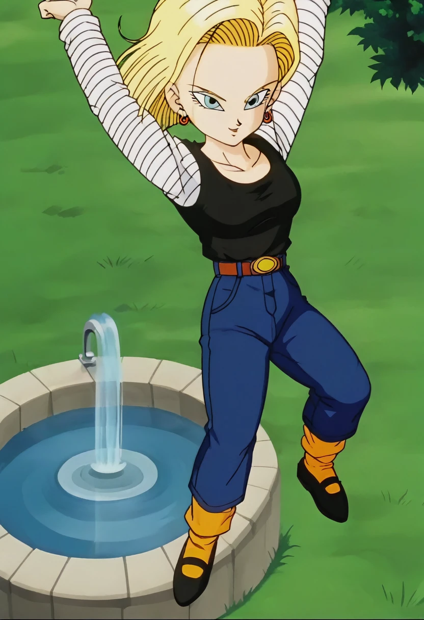 fountain_cheered up, score_9, score_8_above, score_7_above, cheered up screencap,
detailed face, Android 18, buu saga, , 1 girl, Alone, looking at the viewer, short hair, blue eyes, by rubio, clavicle, field, trees, forest, Whole body, floating, air, black shirt, long sleeves, striped sleeves, hoop earrings, shoes, Orange socks, belt, high waist pants, jumping, floating, floating hair, 
