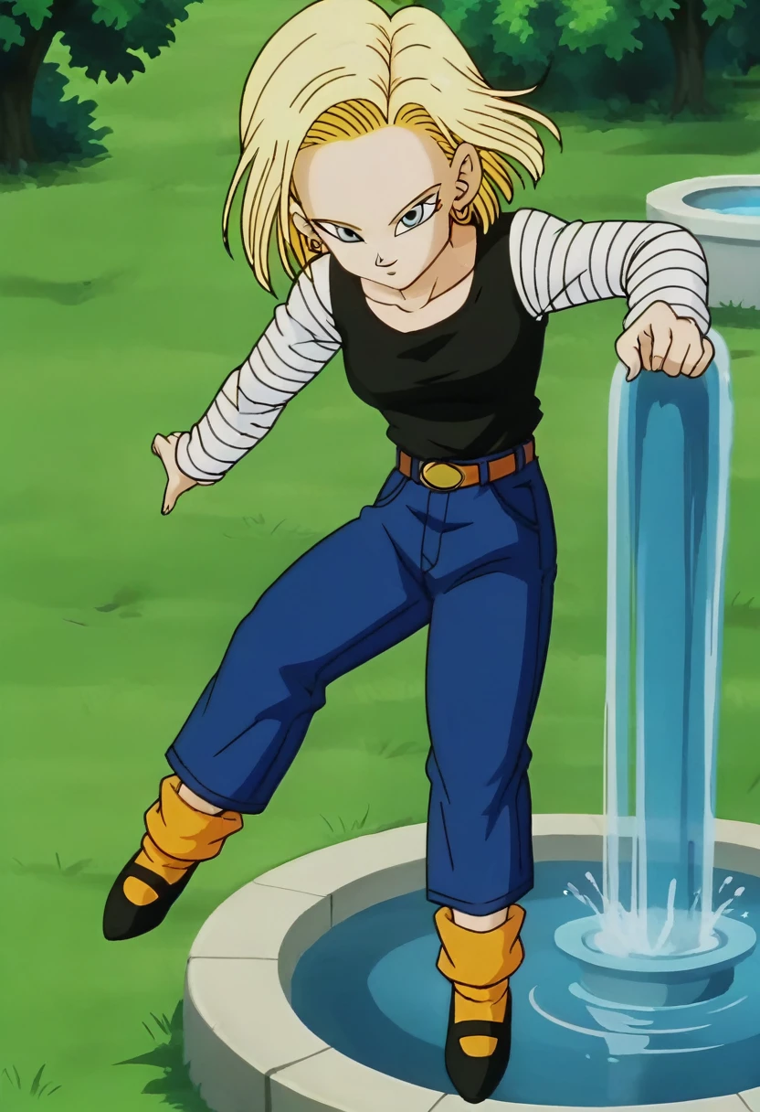 fountain_cheered up, score_9, score_8_above, score_7_above, cheered up screencap,
detailed face, Android 18, buu saga, , 1 girl, Alone, looking at the viewer, short hair, blue eyes, by rubio, clavicle, field, trees, forest, Whole body, floating, air, black shirt, long sleeves, striped sleeves, hoop earrings, shoes, Orange socks, belt, high waist pants, jumping, floating, floating hair, 
