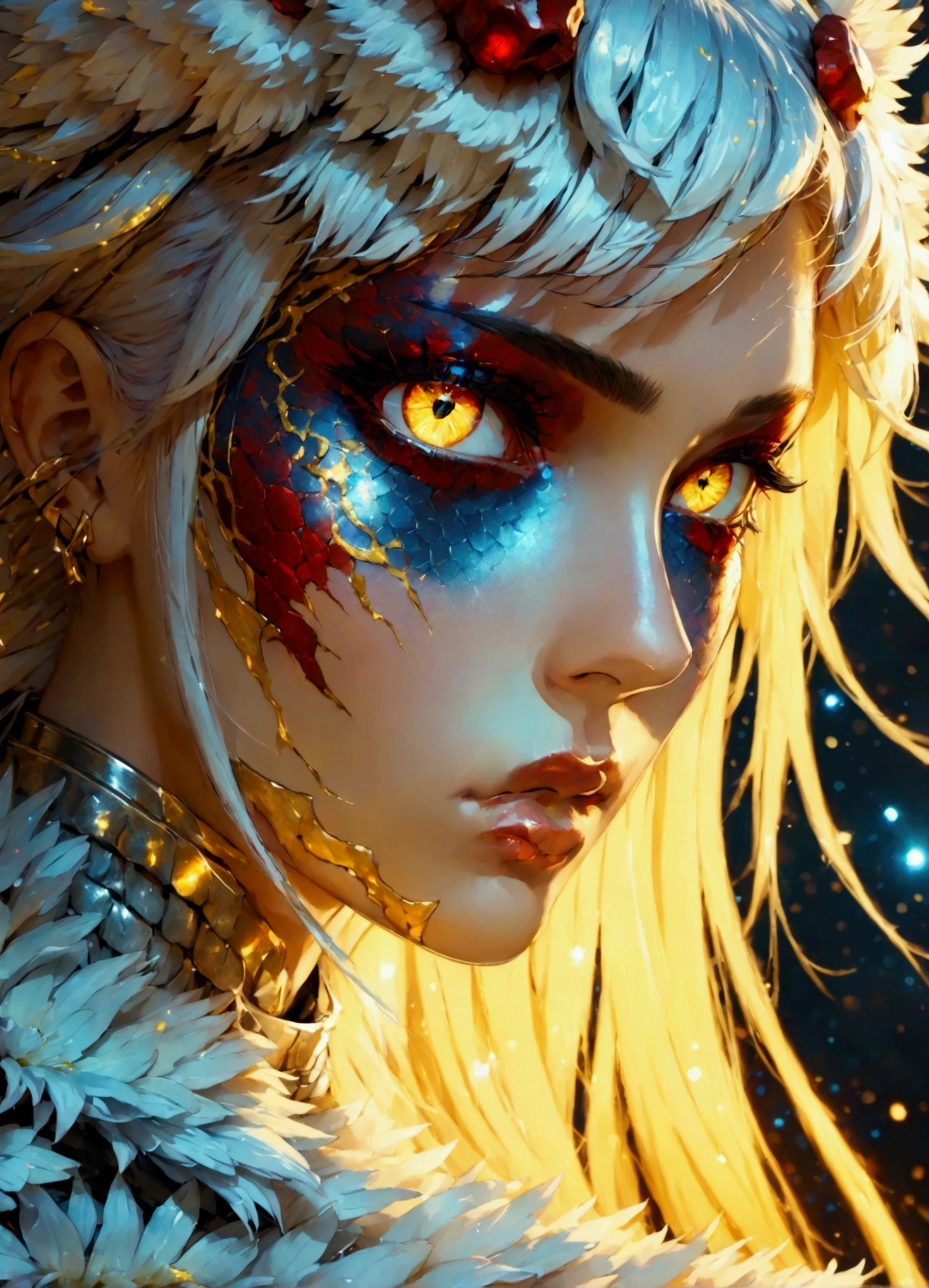 PORTRAIT, only face portrait, macro, a demon battle angel portrait, beautiful white skin with sparkles and glitter, long long hair with red skulls on hair, shiny and lightening eyes, cosmos eyes, next to a cobra, highly detailed fur (vectorized) yellow lightening eyes, detailed skin, image is compelling with dynamic composition and energetic posing. I