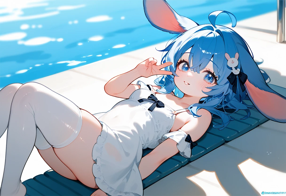 a close up of a lop ears rabbit lying down , 1girl, animal ears, solo, thighhighs, breasts, tail, hair ornament, shoulder cutout, :3, ahoge, v, (score_9,score_8_up,score_7_up), ncaaoo33, cute girl ,lop rabbit ears,medium hair,blue cute girl ,lop rabbit ears,blue hair,ahoge ,straight_hair ,crossed_bangs,blue eyes ,poolside,sundress,hair ribbon