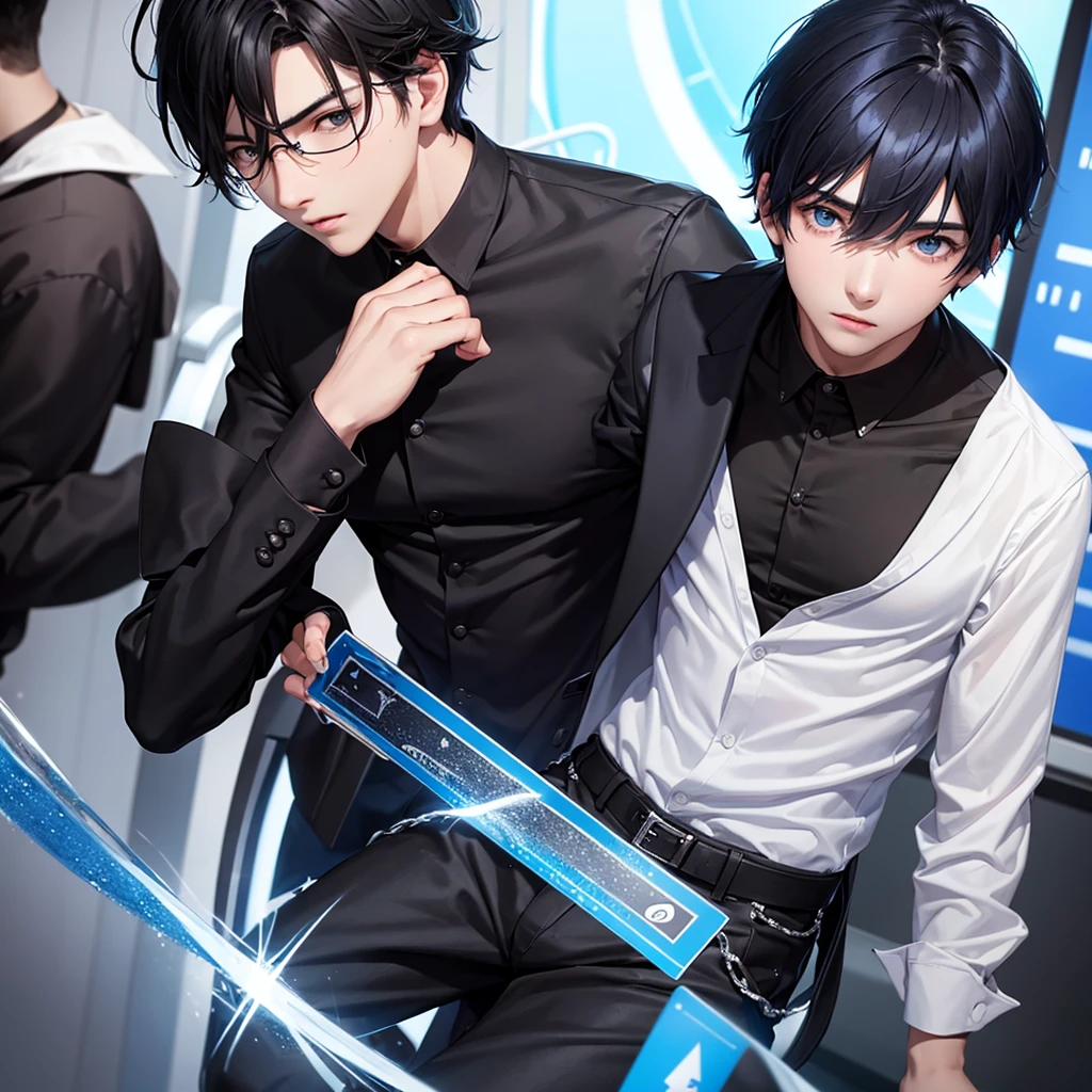 young man teenager ,Black hair has a strong blue sheen. ,Black eyes sparkling blue ,Wear a fashionable black and blue shirt. ,There was a white card floating around behind it.