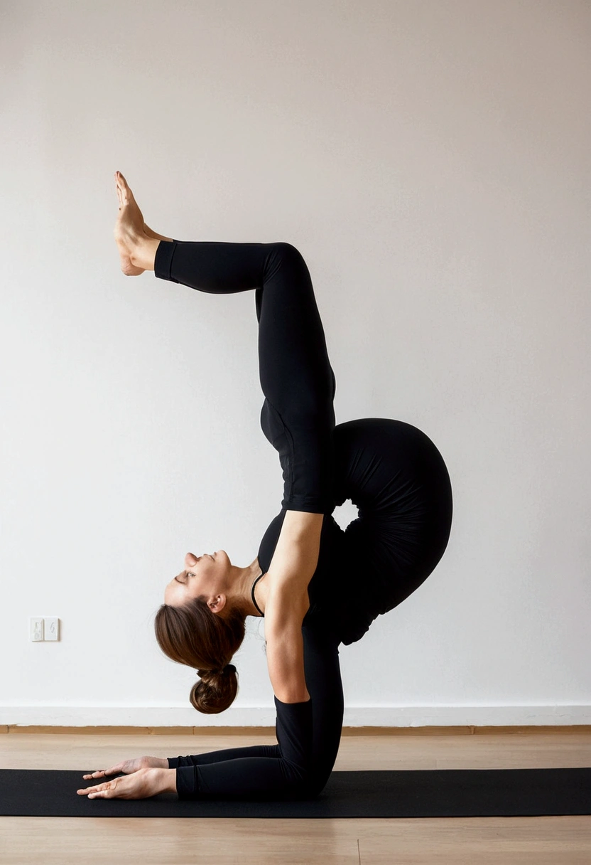 Yoga prenatal, Mountain Pose (Tadasana), photo superrealista, focus on full body yoga posture, a young woman between 24 to 27 years old pregnant in a black top and black pants, standing confidently and elegantly on a minimalist flat surface of white wall and a black rug , in his house , Explaining "Step 1: with feet together or slightly apart, distributing weight evenly looking at camera". The posture is relaxed and natural, showing a forward posture, full body, Explaining la postura de manera recta, focused on posture, in a prenatal yoga pose, with a touch of confident action in the style of Alina Ivanchenko and Anna Nikonova.