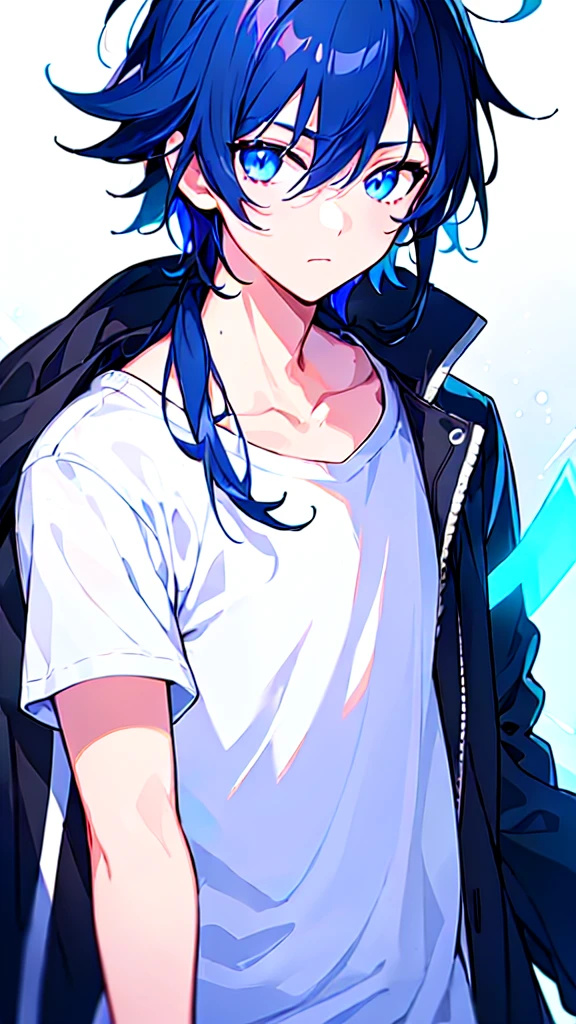 [(WHITE BACKGROUND:1.5),::5], ((((masterpiece)))), high quality, ultra very high resolution, full color, (((solo))), ((little boy)), BLACK hair, (Blue streaked hair), (oriental deepblue eyes), anime, ((upper body)), Summer clothes, neon light, black parka,