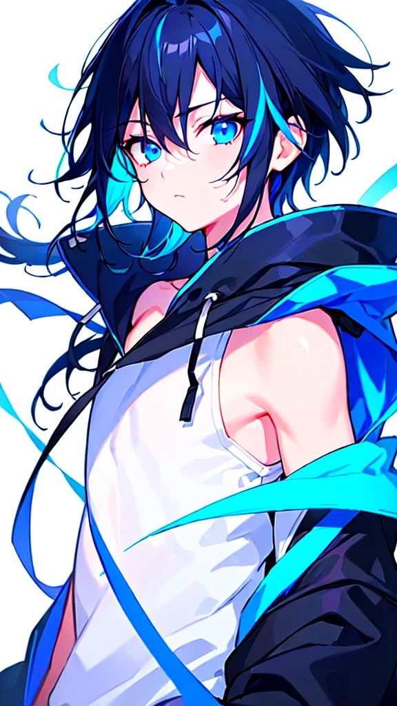 [(WHITE BACKGROUND:1.5),::5], ((((masterpiece)))), high quality, ultra very high resolution, full color, (((solo))), (()), BLACK hair, (Blue streaked hair), (oriental deepblue eyes), anime, ((upper body)), Summer clothes, neon light, black parka,