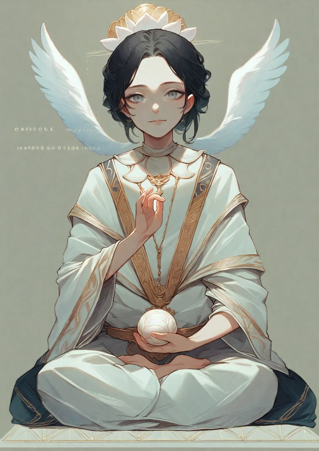 Painting of an angel sitting in a lotus position., Goddess of love and peace, bodhisattva, , queen , meditate , Gray eyes ,black hair , holding a round ball