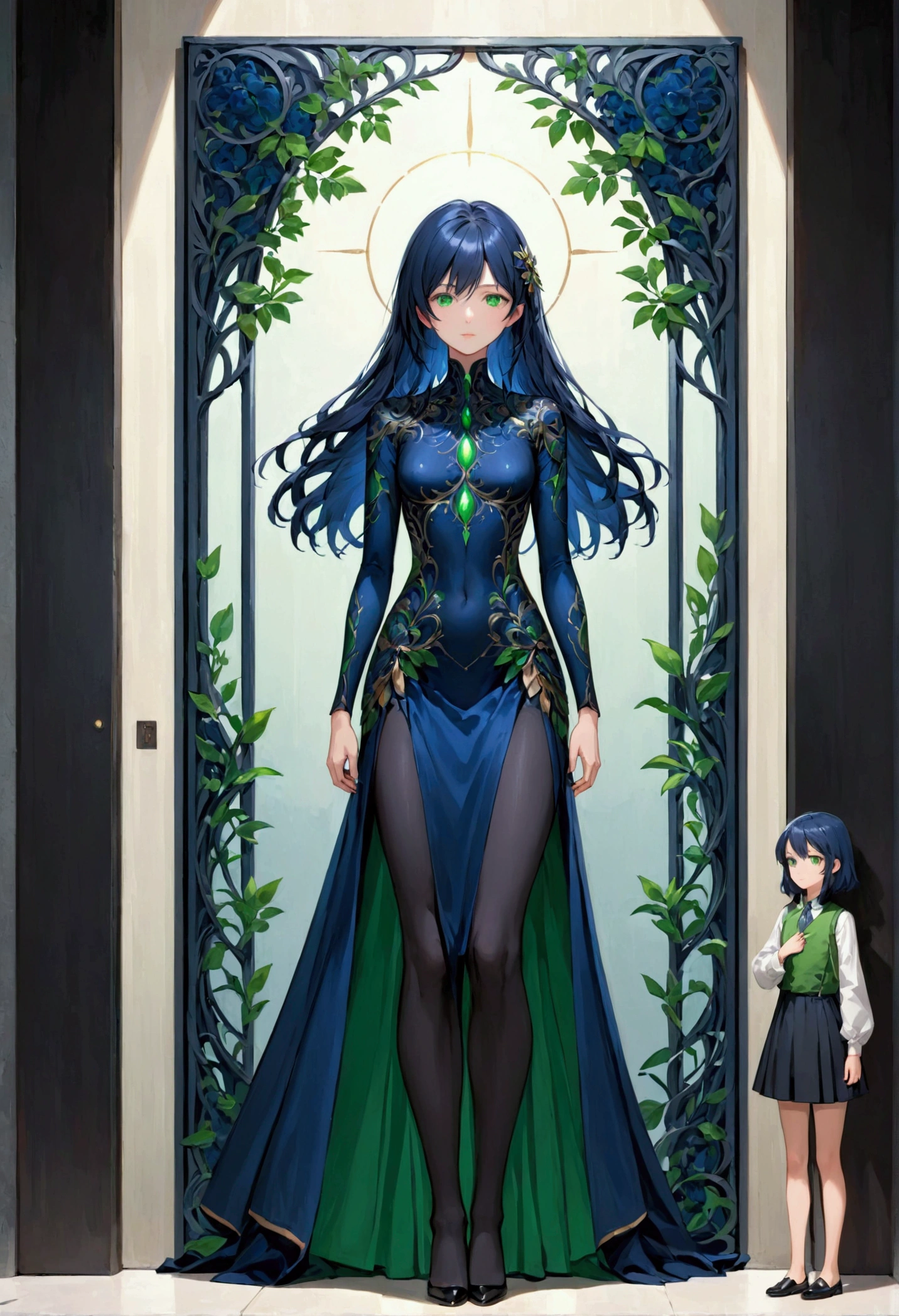 Girl with dark blue hair, green eyes,tall rectangular body figure, mature, next to height scale