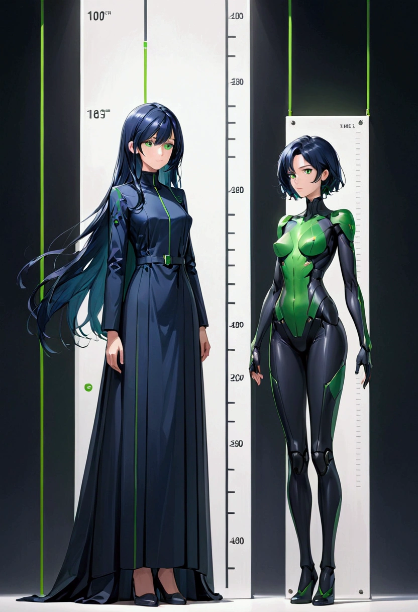 Girl with dark blue hair, green eyes,tall rectangular body figure, mature, next to height scale