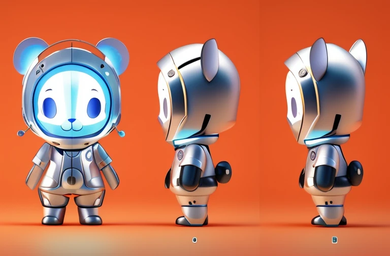 Three different views of a robot wearing a helmet and a suit, a panda in space, high quality character design, Herren. nimbus character design, cute 3 d render, very stylized character design, Stylized character design, 3D model of a Japanese mascot, toon render keyshot, rendered in keyshot, stylized as a 3d render