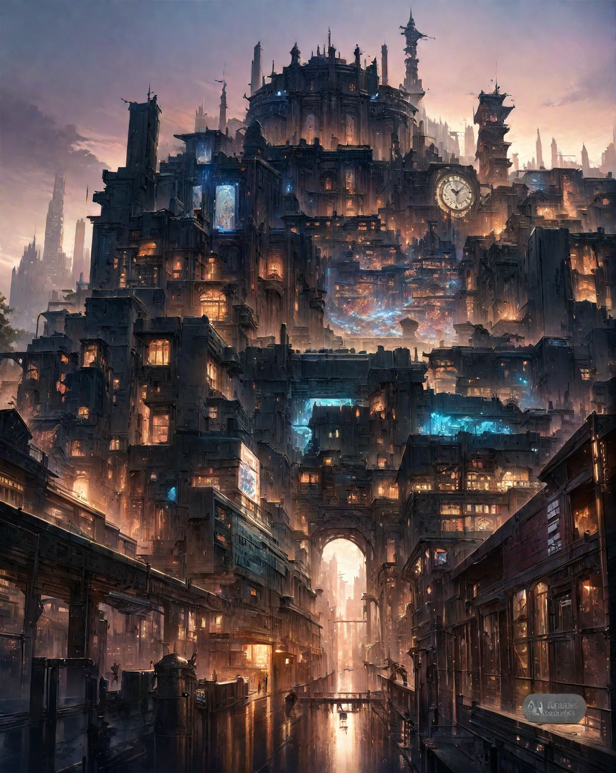 there is a drawing of a city with a clock tower, insanely highly detailed artwork, realistic painting of a complex, complex layered composition!!, expansive detailed layered city, realistic intricate concept art, big and structured valhalla city, multi layered huge architectures, insanely detailed art, atelier olschinsky, intricate cyberpunk city, intricate matte painting, intricate concept art