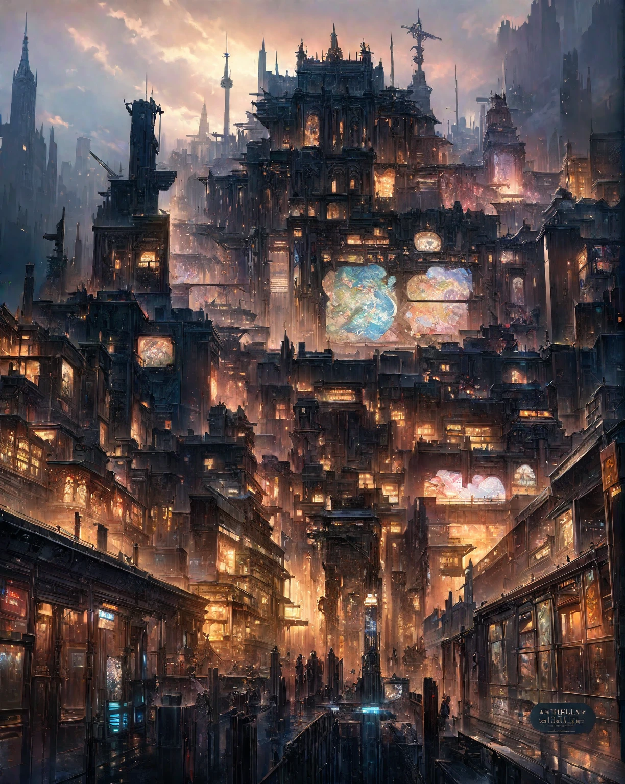 there is a drawing of a city with a clock tower, insanely highly detailed artwork, realistic painting of a complex, complex layered composition!!, expansive detailed layered city, realistic intricate concept art, big and structured valhalla city, multi layered huge architectures, insanely detailed art, atelier olschinsky, intricate cyberpunk city, intricate matte painting, intricate concept art