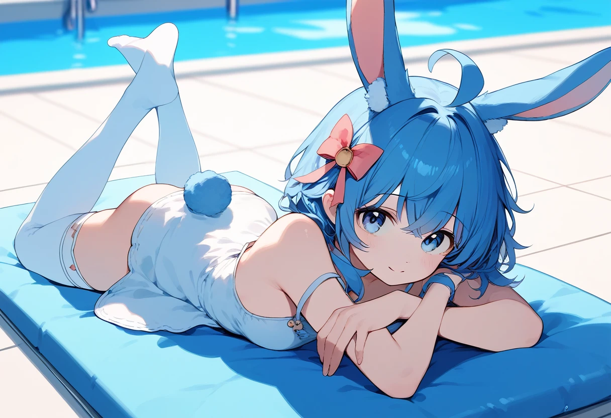 a close up of a lop ears rabbit lying down , 1girl, animal ears, solo, thighhighs, breasts, tail, hair ornament, shoulder cutout, :3, ahoge, v, (score_9,score_8_up,score_7_up), ncaaoo33, cute girl ,lop rabbit ears,medium hair,blue cute girl ,lop rabbit ears,blue hair,ahoge ,straight_hair ,crossed_bangs,blue eyes ,poolside,sundress,blue hair ribbon