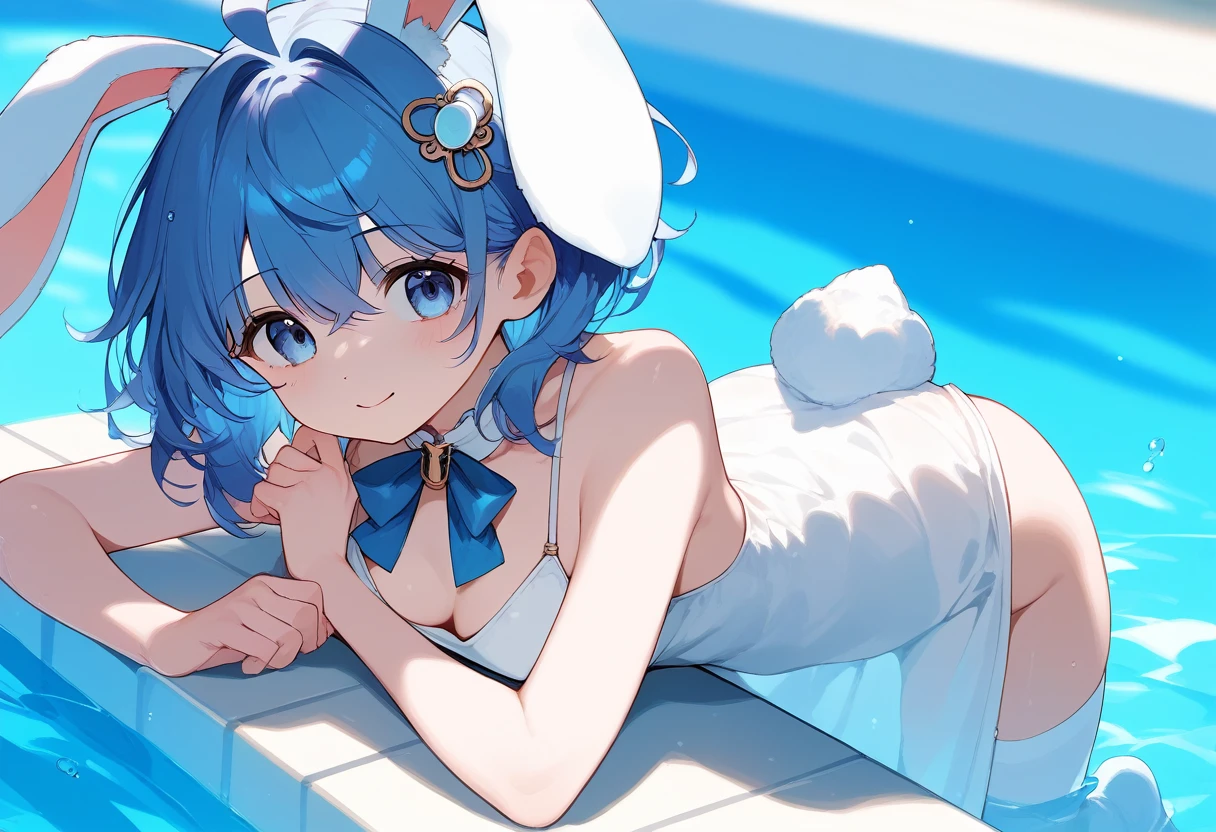 a close up of a lop ears rabbit lying down , 1girl, animal ears, solo, thighhighs, breasts, tail, hair ornament, shoulder cutout, :3, ahoge, v, (score_9,score_8_up,score_7_up), ncaaoo33, cute girl ,lop rabbit ears,medium hair,blue cute girl ,lop rabbit ears,blue hair,ahoge ,straight_hair ,crossed_bangs,blue eyes ,poolside,sundress,blue hair ribbon