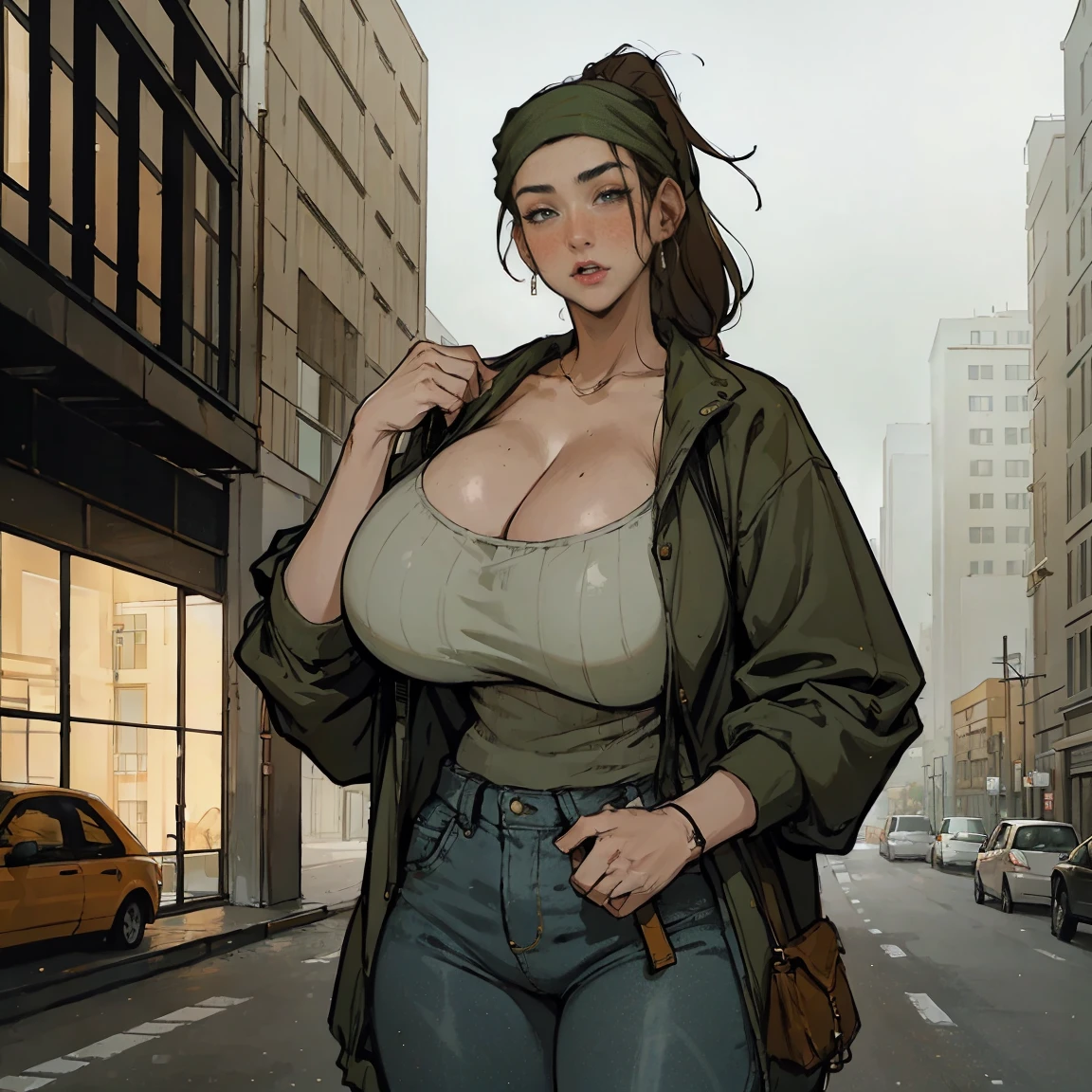 Extremely busty thin and toned brunette photographer, college girl, fair skin, loose ponytail, soft face, athletic, bandana babushka headwrap, tight olive green casual windbreaker, skinny jeans. standing in front of her apartment building, outdoors, city, camera bag, cleavage