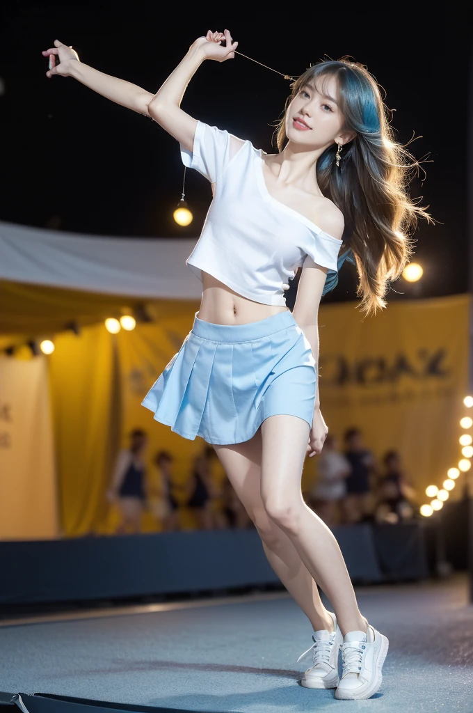 (((best quality))),(((ultra detailed))),(((masterpiece))),illustration,((a beautiful girl,solo)),(shoulder length straight hair:1.2),((slim,thin)),((small breasts,flat chest,claviclis,navel)),(blue short-sleeved white shirt:1.5),(blue mini-skirt:1.3),(slender legs:1.2),(sneakers:1.3),(standing:1.3),(on the stage:1.3),((outside a shopping mall, at the entrance of a beer promotional event)),((surrounded by crowded crowds)),((hair and skirt fluttering in the air)),expressive eyes,infectious smile,the stage adorned with colorful decorations,vibrant atmosphere,(night scene:1.3),(from front:1.3),(full body:1.3),