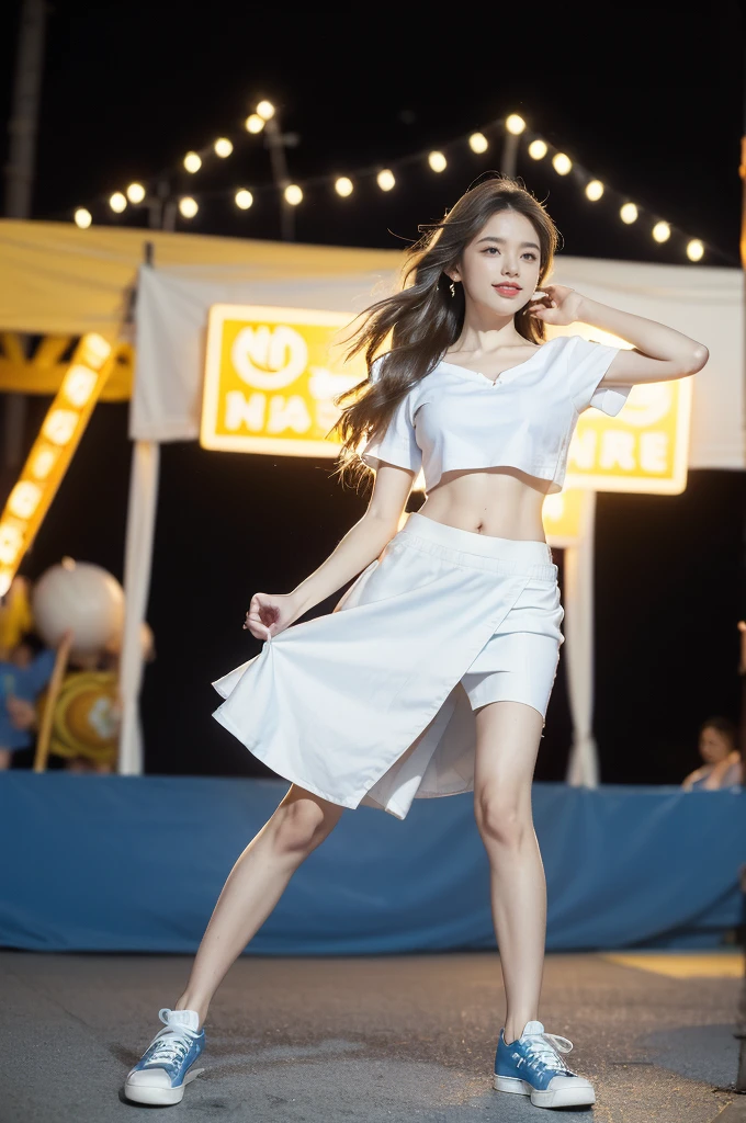 (((best quality))),(((ultra detailed))),(((masterpiece))),illustration,((a beautiful girl,solo)),(shoulder length straight hair:1.2),((slim,thin)),((small breasts,flat chest,claviclis,navel)),(blue short-sleeved white shirt:1.5),(blue mini-skirt:1.3),(slender legs:1.2),(sneakers:1.3),(standing:1.3),(on the stage:1.3),((outside a shopping mall, at the entrance of a beer promotional event)),((surrounded by crowded crowds)),((hair and skirt fluttering in the air)),expressive eyes,infectious smile,the stage adorned with colorful decorations,vibrant atmosphere,(night scene:1.3),(from front:1.3),(full body:1.3),