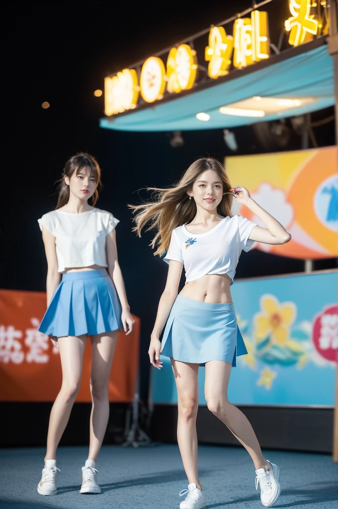 (((best quality))),(((ultra detailed))),(((masterpiece))),illustration,((a beautiful girl,solo)),(shoulder length straight hair:1.2),((slim,thin)),((small breasts,flat chest,claviclis,navel)),(blue short-sleeved white shirt:1.5),(blue mini-skirt:1.3),(slender legs:1.2),(sneakers:1.3),(standing:1.3),(on the stage:1.3),((outside a shopping mall, at the entrance of a beer promotional event)),((surrounded by crowded crowds)),((hair and skirt fluttering in the air)),expressive eyes,infectious smile,the stage adorned with colorful decorations,vibrant atmosphere,(night scene:1.3),(from front:1.3),(full body:1.3),