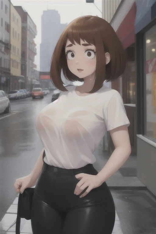 Photo of a coffee shop, wet street, buildings, busy street, cycle, garbage, Nostalgia, ultra quality, hyper detailed, Ochako Uraraka with a black thong and a T-shirt cut to the middle of her chest, breasts exposed up to half, hyper breasts