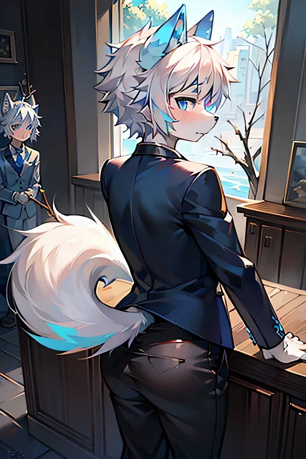 solo, Wolf, White and blue fur, young people, Blue eyes, Messy hair, White hair, short hair, masterpiece, Very detailed，Stick your butt up，Back view，Wearing a suit，No pants，Blue and pink eyes，Correct structure