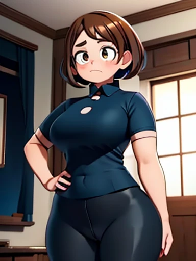 1girl, solo, Imagine Ochaco Uraraka being a 45 year old mother, MILF, brown hair, brown eyes, blush stickers, short hair, Mature Face, brown hair, brown eyes, blush stickers, short hair, medium breasts, curvy female, thick thighs, curvy body, curvaceous belly, round belly, muffin-top, love handles, chubby, ((Wearing: dark blue shirt, black leggings and white heeled boots)), indoors, detailed background, living room, wide shot, (Standing:1.2)