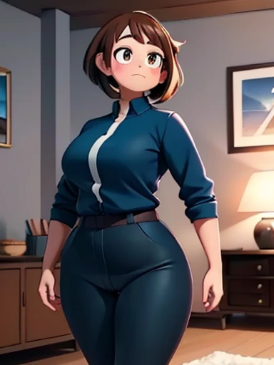 1girl, solo, Imagine Ochaco Uraraka being a 45 year old mother, MILF, brown hair, brown eyes, blush stickers, short hair, Mature Face, brown hair, brown eyes, blush stickers, short hair, medium breasts, curvy female, thick thighs, curvy body, curvaceous belly, round belly, muffin-top, love handles, chubby, ((Wearing: dark blue shirt, black leggings and white heeled boots)), indoors, detailed background, living room, wide shot, (Standing:1.2)