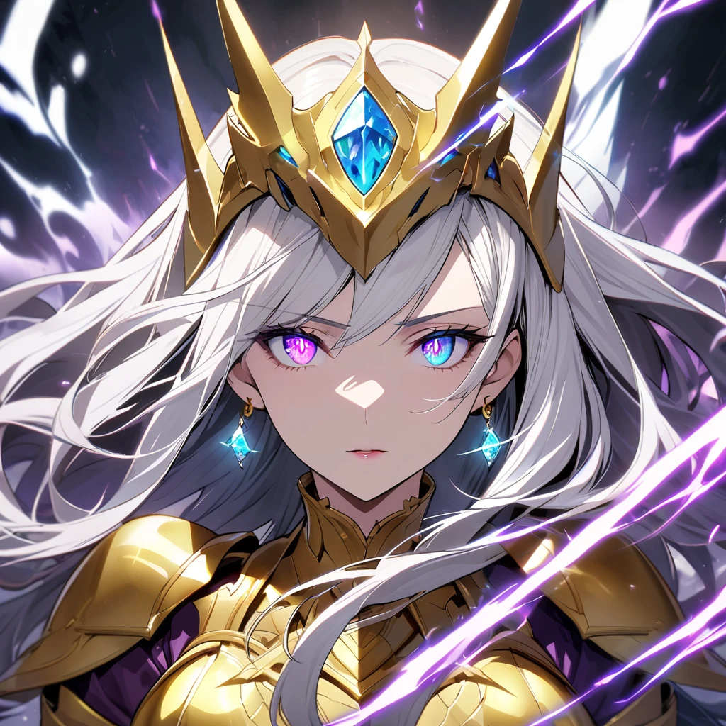 woman, blue eyes, long hair, white hair, mature, god eyes, diamond earings, glowing right eyes, two colors eyes, purple eyes, golden armor, dark aura