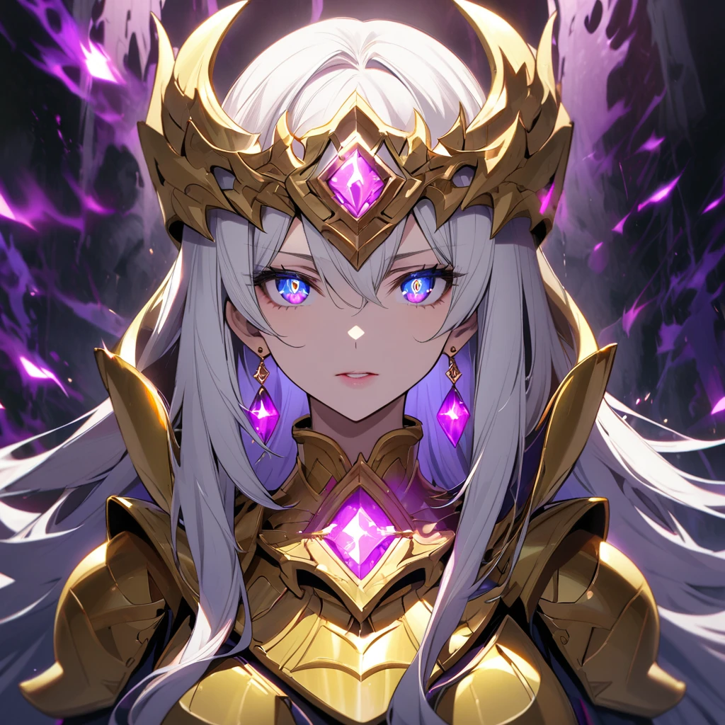 woman, blue eyes, long hair, white hair, mature, god eyes, diamond earings, glowing right eyes, two colors eyes, purple eyes, golden armor, dark aura