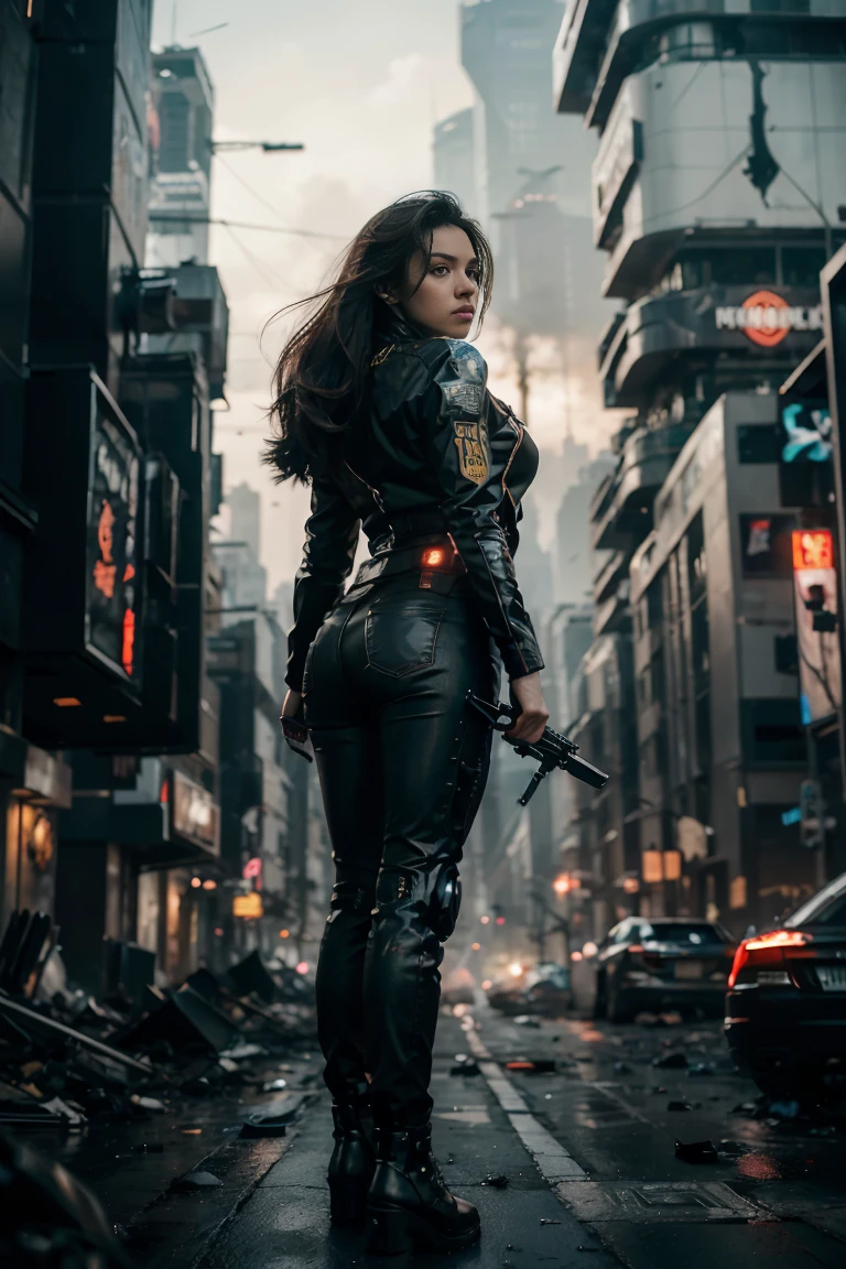 (Highest quality, Ultra HD, 16k, Masterpiece) A powerful girl walks confidently in front of her rugged, futuristic car amidst a chaotic and war-torn metropolis. The shot is a medium to long view, capturing her determined presence and the complete surroundings around her. She gazes ahead with a fierce, unyielding expression, embodying strength and resolve. She wears a fitted mecha tshirt under a stylish jacket and jeans pants, her attire blending practicality with a touch of modern flair. The jacket is detailed with guns, rifles, and utility pockets, enhancing her battle-ready appearance. Her hair is tousled and windswept, adding to her dynamic presence. The car behind her is a heavily modified, armored vehicle, its exterior scarred from countless battles. It stands as a testament to her resilience and resourcefulness, with various gadgets and weapons mounted on its frame. The car's sleek, complements the overall gritty atmosphere. In the background, the entire skyline of the metropolis is visible, partially obscured by smoke and ash. Skyscrapers tower amidst the chaos, many of them heavily damaged with gaping holes and crumbling facades. Explosions light up the scene, casting an eerie glow over the widespread destruction. Spaceships hover menacingly in the sky, engaged in fierce aerial battles, their sleek designs contrasting with the devastation below. The ground is littered with debris and remnants of destroyed structures, adding to the sense of a world torn apart by conflict. Scraps of metal, shattered glass, and remnants of vehicles are scattered across the landscape, emphasizing the scale of destruction. The lighting is dramatic, with sharp contrasts that highlight the textures of her attire and the metallic surface of her car. Hollywood action movie. Action film, ((tshirt)), (((fully covered mecha tshirt))), (((mecha jacket on top))), (((guns))), ((((long shot)))), ((((zoomed out))))