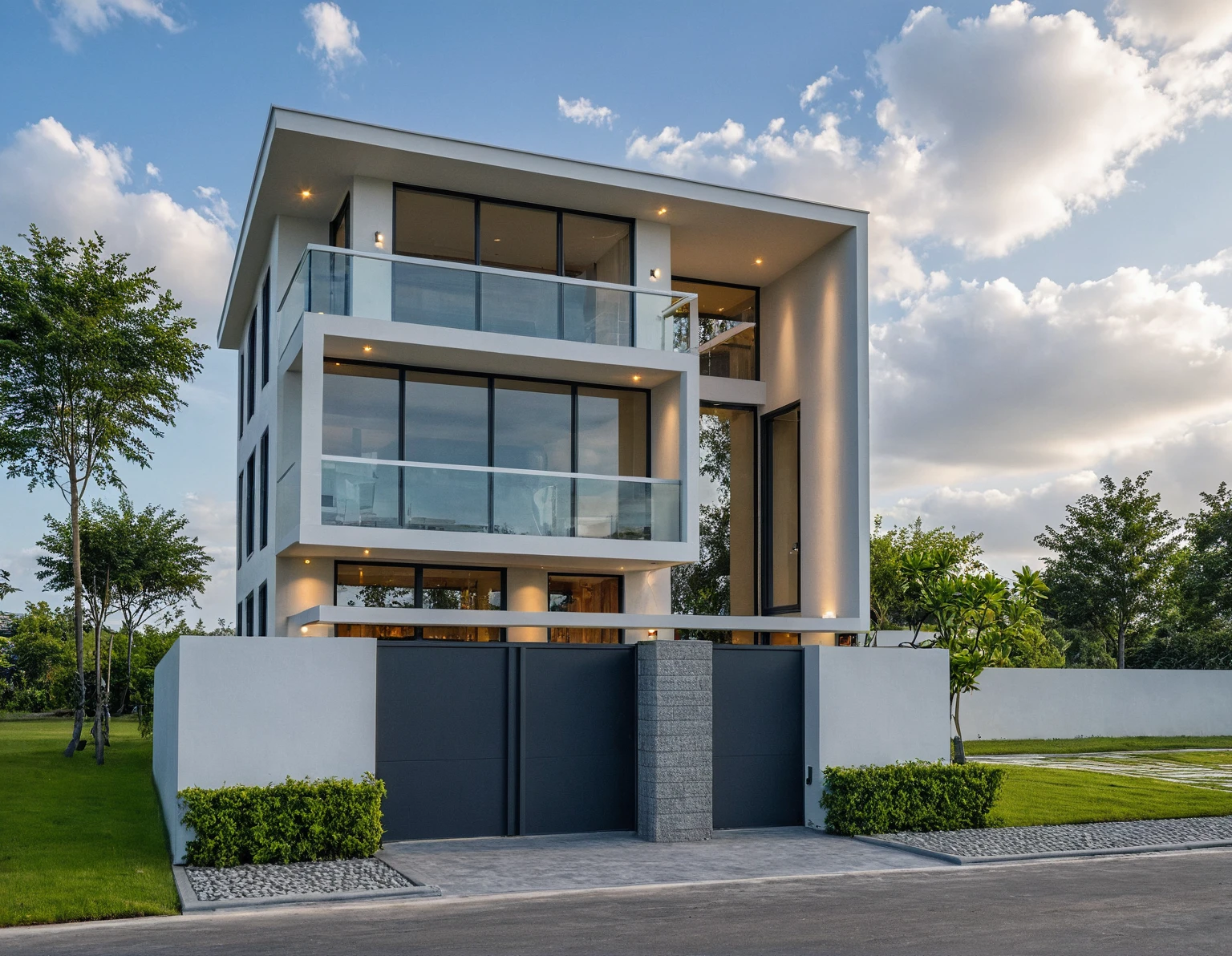 Masterpiece, high quality, best quality, authentic, super detail, outdoors, onestoreyvillaXL, aiaigroup, house style modern on the street ,stairs, white wall ,road,pavement, grass, trees, sky, cloud, (daylight:1.1)