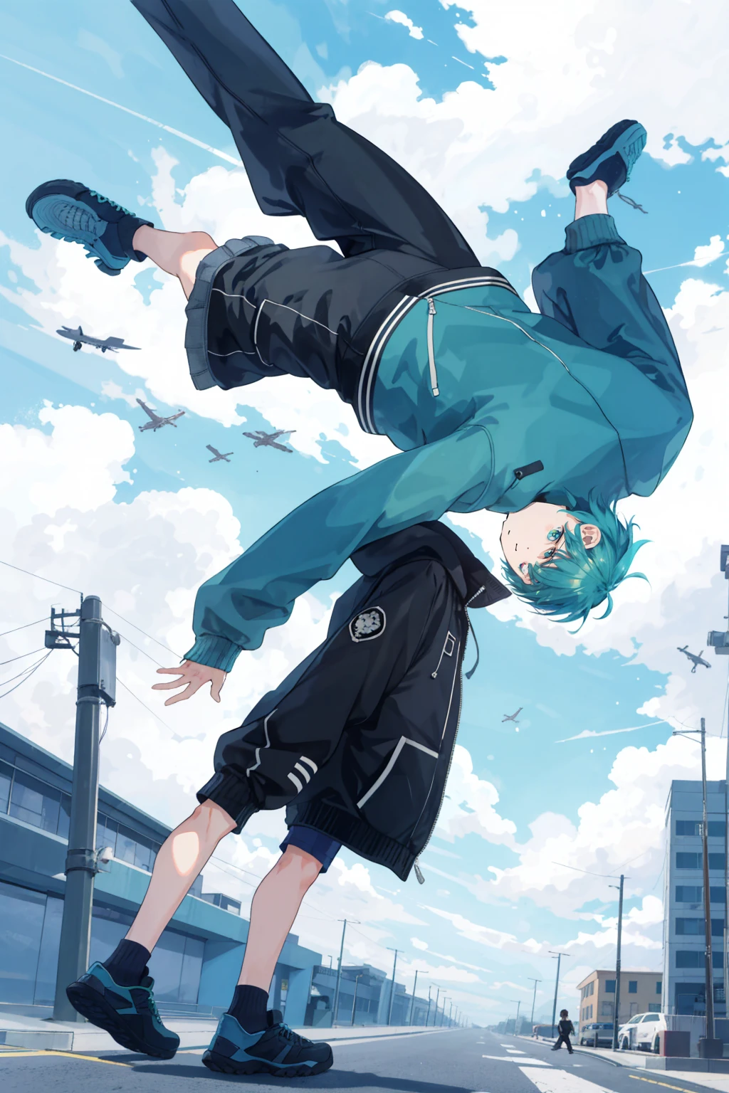 1 boy, 16 years old, short hair, hair over one eye, aqua hair, flipped hair, turtle neck, cargo shorts, hooded jacket, flying,