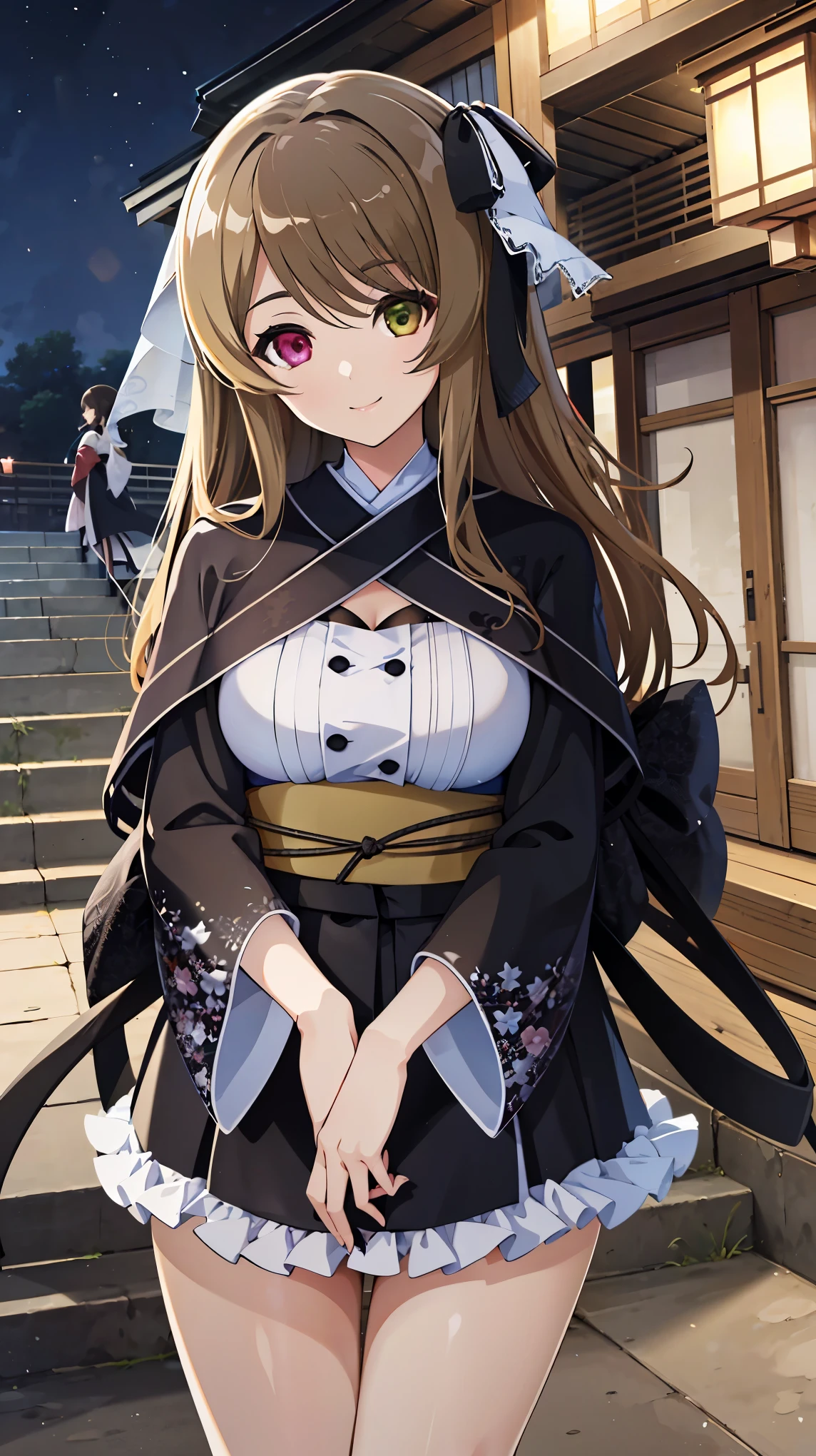 High resolution,masterpiece, Highest quality, Kuo Shenlin , heterochromia , Brown hair, smiling , (((busty))),1girl, sensual body, Her cheeks flushed , kimono , night , japanese festival , maturi