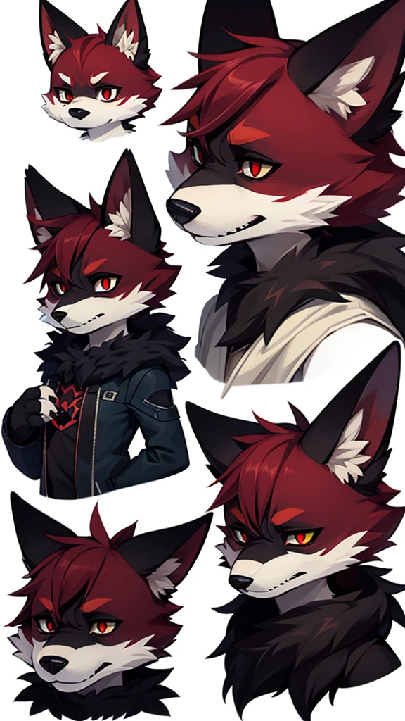 collage style,dark、Depression,Full of weird elements,Red wolf furry,Pure black devil eyes