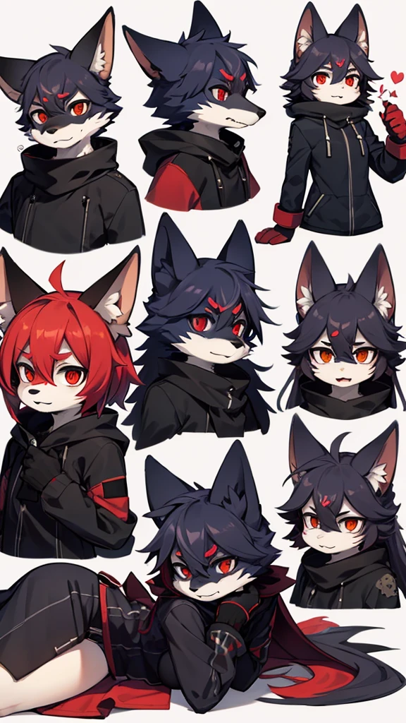 collage style，dark、Depression，Full of weird elements,Red wolf furry，Pure black devil eyes
