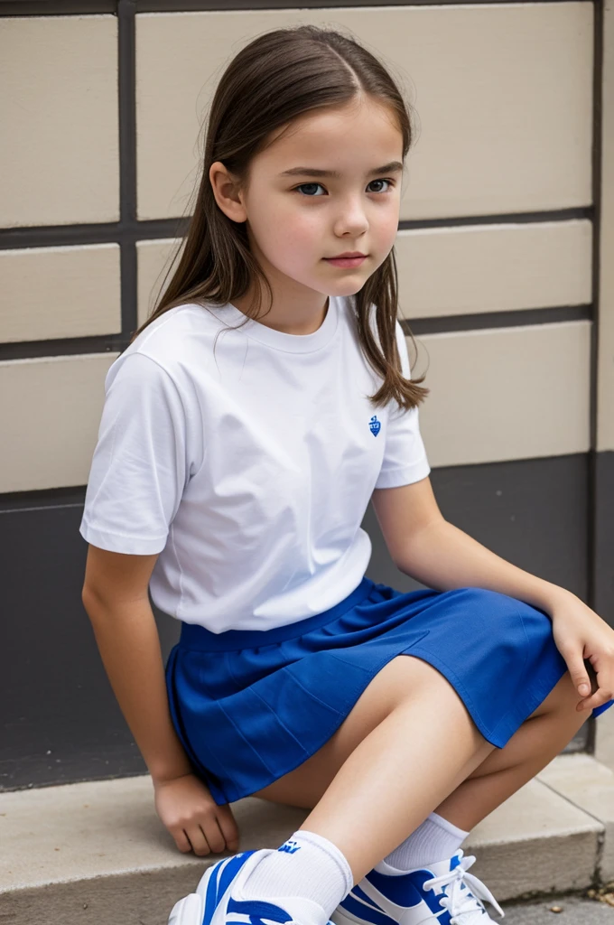 14 year old girl, white, brown hair, round head, wide cheeks, slim, wearing a white t-shirt with a royal blue skirt, white socks and black tennis shoes