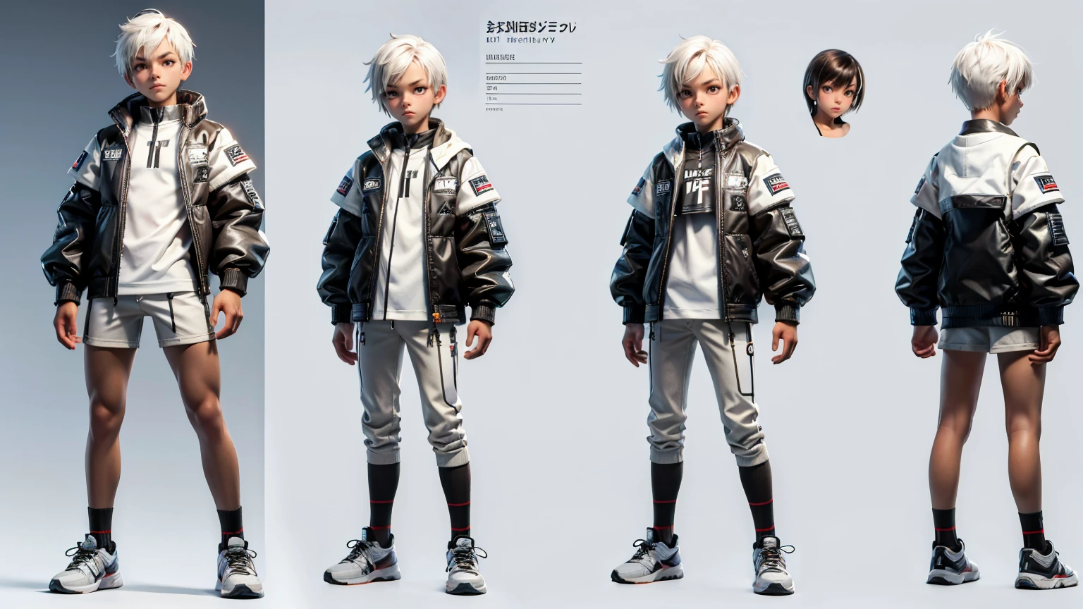 cute face boy, cute face, short height boy, wearing casual futuristic brown pent, full standing pose, white bomb style hairs, white hair, sports shoes, Character Sheet, , Full body, Simple white background, front pose character reference sheet, Concept art, design sheet