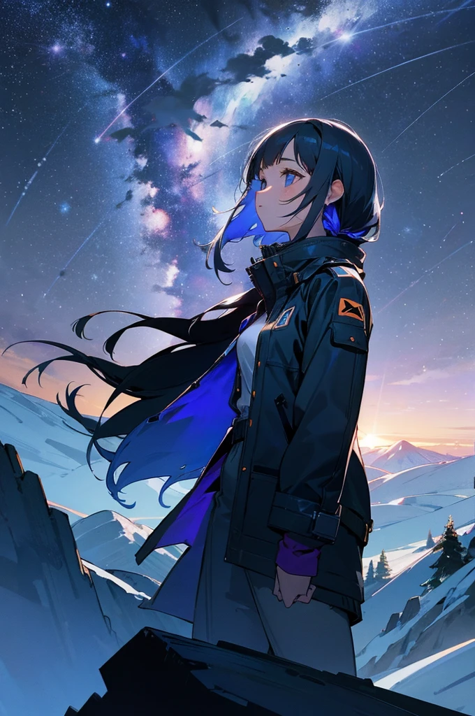 Beautiful girl, At the top of the mountain, Night view, Night Sky, Starry Sky